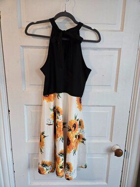 Bikatu Sunflower Print Halter Dress with Back Tie Detail - Size Medium